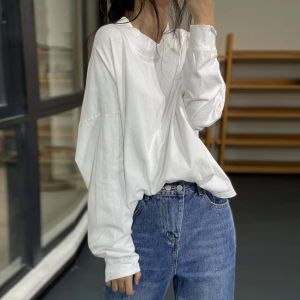 Loose Casual Cotton T-Shirt Womens Original Hong Kong Style Artistic Korean Version Back Neck Tie Pure Color All-Match
