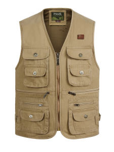 Ngoài Trời Thoải Mái Chụp Ảnh Áo Hai Dây Rộng Rãi Vải Bố Nguyên Chất Cotton Vải Bông Câu Cá Nhiều Túi Kích Thước Lớn Thư Giãn Áo Ba Lỗ Dành Cho Nam Trung Niên