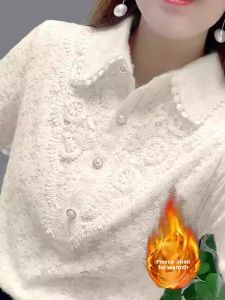 chaqi | Thickened Fleece Long Sleeve Shirt Womens Autumn Winter New Style Doll Collar Brushed Lace Base Shirt Girls Commute Style Warmth