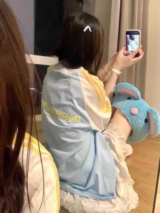 Original Fashion Brand Stripes Contrast Color Raglan Short Sleeve T-Shirt Womens Summer Loose Design Niche Style Couple Half Sleeve Tops