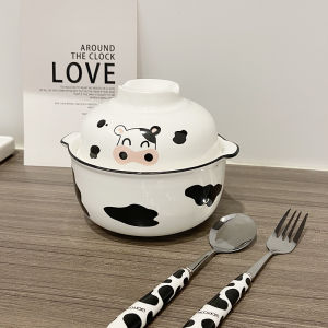 INS Cute Cow Japanese Ceramic Instant Noodle Bowl Eating Bowl Cartoon Girlish Student for One Person Soup Bowl with Lid