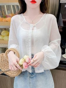 Hàn Quốc Thiết Kế Nhẹ Áo Dài Tay Màu Tinh Khiết Nữ Áo Sơ Mi Điều Hòa Không Khí Mới Mùa Hè Áo Sơ Mi Chống Nắng Đa Năng Áo