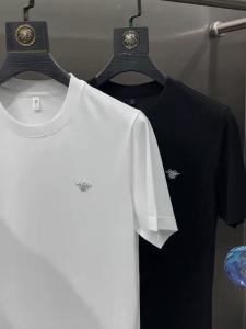 New Ice Silk Smooth Short Sleeve T-Shirt Summer round Neck Heat Pressed Diamond Slim Fit Fashion Half Sleeve Small Logo Men Trendy Brand