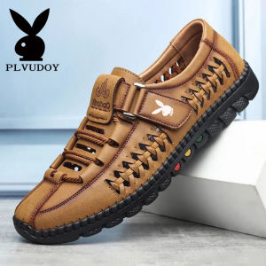 Mens Genuine Leather Sandals Breathable Hollow out Casual Shoes Hand Sewn Magic Tape Toe Cover Hole Hole Summer Shoes