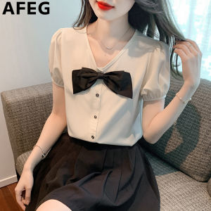 AFEG new Korean version V-neck bow fashion loose all match temperament chiffon short-sleeved blouse