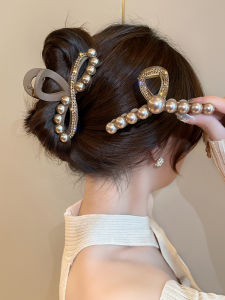 Autumn Winter Large Size Pearl Rhinestone Hair Claw Womens Back of Head Bun Clip Stylish Hair Accessories in Brown Color