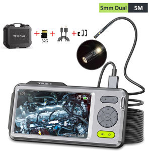 Teslong 5 IPS Screen 1080P 5mm Dual Lens 5m Flexible Cable Industrial Endoscope Camera for Home/Automotive/Pipe/Car/Wall 32GB