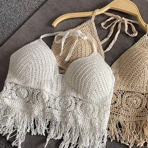 2pcs Hollow Small Camisole Vest Hanging Neck Seaside Beach Thai Style Beautiful Back Tie Out Design for Women With Breast Pad Sleeveless Top【Zsfuture】
