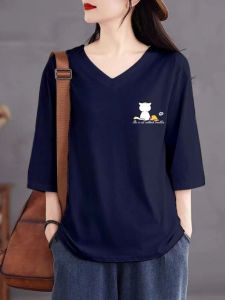 หลวม คอวี เสื้อยืด Pure ผ้าฝ้าย ลำลอง หลากหลาย Mid-Sleeve ผู้หญิง Top อินเทรนด์ สวมใส่สบายสําหรับทุกสภาพร่างกาย ฤดูใบไม้ผลิ ฤดูร้อน