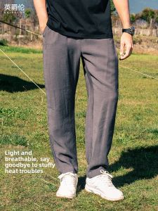 Enjeolon Mens Lightweight Breathable Linen Casual Pants Elastic Waist Loose Fit Summer New Style Fashion Urban Straight Leg Trousers