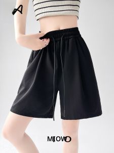 MiiOW | กางเกงขาสั้นกีฬาเอวสูงหลวมสไตล์ใหม่สำหรับผู้หญิงในช่วงฤดูร้อน กางเกงขายาวทรงตรงลำลองสบายๆ ผ้าฝ้ายระบายอากาศได้ดี