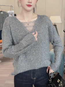 SUOXIMENG | Large Size Grey V-Neck Hollow Knitted Top Womens Fashion Trend Autumn New Style Age-Defying Versatile Commute Wet-Dry Sweat