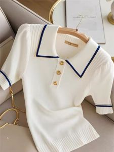 Áo Thun Nữ Cổ Polo Tay Ngắn Sọc Cao Cấp Cao Mùa Hè Thường Ngày Thường Xuyên Dệt Kim Polyester Dài Vừa Phải Thường Ngày