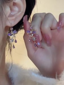 Elegant Long Butterfly Knot Stud Earrings Womens Zircon Jewelry Purple Color Alloy Material Korean Style Fresh out Fashion Accessory