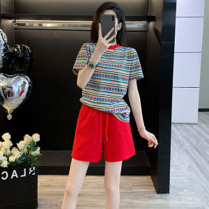 Bộ Đồ Thể Thao Thường Ngày Tay Ngắn Màu Đỏ Thời Trang Chống Lão Hóa Cho Nữ Bộ Hai Mảnh Mặc Mùa Hè Giản Dị Thoải Mái