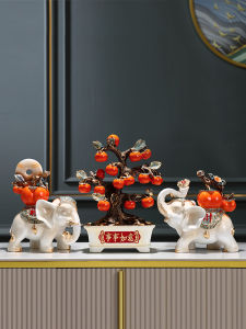 Lucky Persimmon Wealth and Luck Elephant New Chinese Creative Decoration Living Room Entrance Elephant Ornaments a Pair of Home Decorations