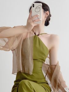 New Chinese Style Vintage Shawl Cardigan Women Summer Ice Silk Thin Veil Cheongsam Cover up Outerwear with Strap Skirt