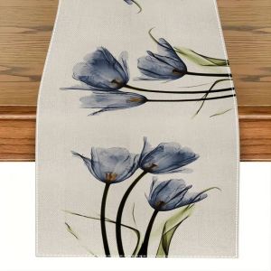 VIKAMA Màu Nước Hoa Tulip Xanh In Hoa Vải Lanh Bàn Chạy Cho Phòng Ăn Nhà Bếp Nông Trại Đảng Trang Trí Nhà 100% Polyester