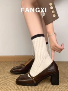 Retro Square Head ส้นหนารองเท้าเดี่ยว Cowhide Mary Janes ผู้หญิง รองเท้าส้นสูง ทันสมัย สไตล์เกาหลี รองเท้าแบบสวม