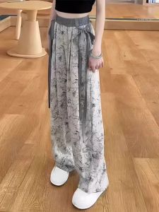 Flower in Ink Straight-leg Loose Pants Womens Summer Plus Size Plus Size Ladies High Waist Slimming Thin Small Casual Ice Silk Pants