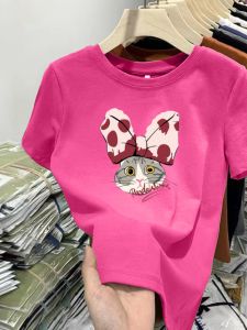 Pink Cartoon Slim Fit Pure Cotton Short Sleeve T Shirt Womens Fashionable Summer New Arrival Small Size Shoulder Level Top
