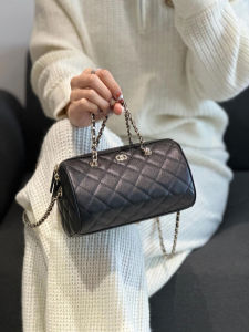 Top Layer Cowhide Bowling Bag Diamond Grid Boston Bag Handbag Shoulder Crossbody Pillow Shaped Bag Soft Leather Purse