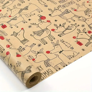 Vintage Reindeer Wrapping Paper Extra Large Roll. Beige Red Brown. For Big Presents Wedding Xmas Decor
