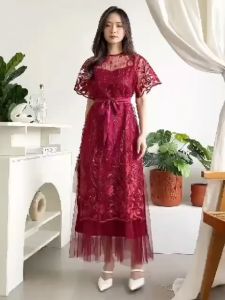 Dress Fransisca-84 2in1 Bahan Tile polos lapis Velvet Size M-L Brukat Premium Free Tali Pinggang