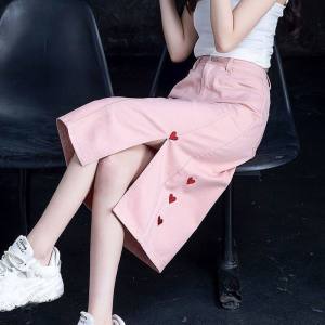 Denim Skirt for Women 2024 Autunm New Fashion Long Skirt with Side Slit High Waist Hip Skirt Ins Style Heart Embroidery A Line Skirt Mid Length for Women