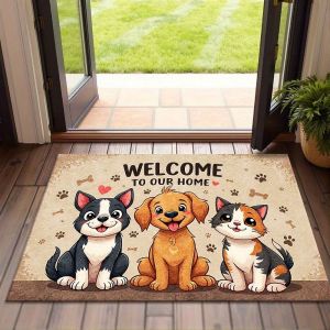 VIKAMA Cute Pet Welcome Doormat Dog Cat Washable Non‑Slip Indoor Outdoor Entrance Front Door Floor Mat Home Decor