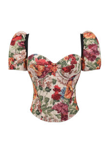 Vintage Floral Print Boned Corset For Women Detachable Sleeves Gothic Bustier Elegant Top