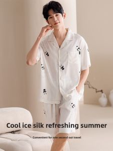 miiow | Mens Ice Silk Sleepwear Short Sleeve Thin Cool Feeling Home Clothes Carton Panda Design Summer Leisure Polyester Fiber Home Wear