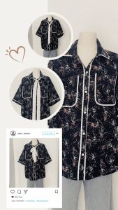 เสื้อเชิ้ตแขนสั้นลายดอกสไตล์เกาหลีตัวนี้แต่งกุ้นทั้งตัวมีแถมโบว์เล็กๆให้ด้วยนะคะ-2355