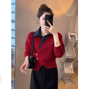 Stylish Niche Style Western Style Youthful-Looking Fake Two-Piece Denim Sweater Womens Autumn and Winter Young French Style Inner Wear Thick Sweater