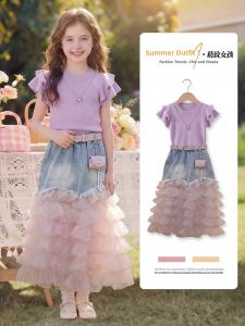 ZIRUIBABA | Girls Korean Style Denim Tiered Skirt Set