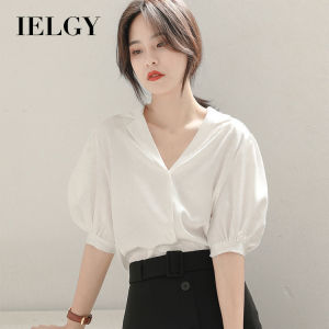 IELGY womens French retro thin V-Neck temperament white shirt