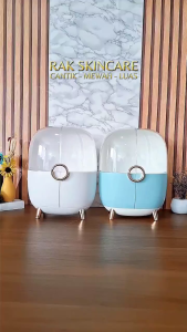 YESALL Lemari Kosmetik Pintu Ganda Bentuk Penguin Lucu – Rak Make Up Skincare Organizer Cantik Muat Botol Tinggi + Laci – Warna Putih / Pink / Biru – Hadiah Estetik