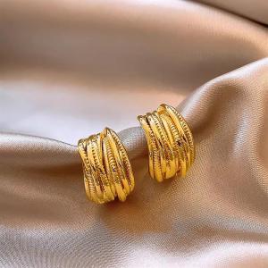 Huitan Luxury Women Hoop Earrings Line Design Fashion Metal Accessories for Wedding Engagement Elegant Lady Versatile Jewelry