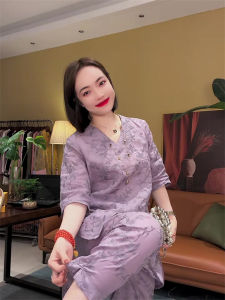 New National Style Heavy Embroidery Design Womens Summer Loose Slimming Casual Pants Two-Piece Set Fashionable V-Neck Short Sleeve