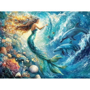 KAYOU | Paint By Numbers Mermaid Dolphin DIY Frameless HandPainted Wall Art Coloring Painting for Living Room Home Decoration