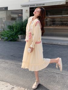 Sweet Cute Soft Knitted Dress Set with Doll Collar Two Pieces Suite for Women Spring Season A-Line Midi Dress Casual Style