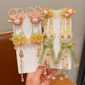 Chinese Style Girls Hair Accessories Rabbit Moon Turban Tassel Hair Clips Childrens Autumn Festival Traditional Costume Accessories