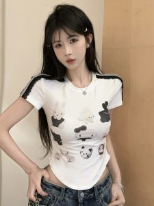 GUZILIAN | Retro American Shoulder T-Shirt Women Short Sleeve Slim Fit Design Sense Arcuate Hem Sweet And Spicy Girl Short Top Summer