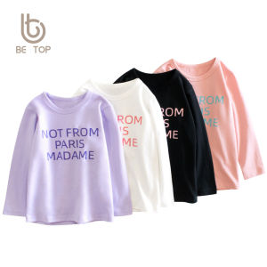 Áo Thun Cotton Dài Tay Cổ Tròn in Chữ Thời Trang Đa Năng Cho Bé Gái Mùa Thu 2025 Áo Thun Trẻ Em Phong Cách Hàn Quốc Thường Ngày