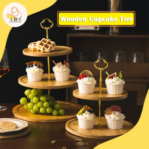 ABS 2/3 Tiers Cupcake Display Stand Natural Bamboo Wood Serving Stand Dessert Tray Layered High Tea Home Deco Party Event Tempat Letak Kek Cawan Gula-gula Bertingkat Kayu