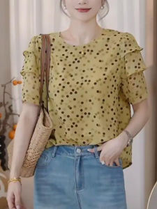 Shalldoer | French Vintage Polka Dot Print Short Sleeve Womens Shirt Summer Thin Loose Slimming Versatile Top Casual Style Round Neck