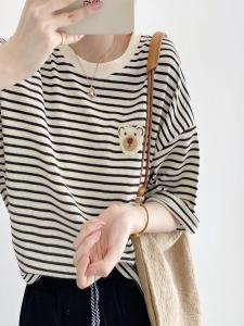 Casual Cotton Short Sleeve Embroidered Patch Striped Top Womens Loose Fit round Neck T-Shirt Summer Clothing College Style