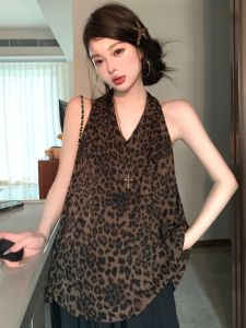 GUZILIAN | Áo ba lỗ cổ chữ V không tay họa tiết da báo kiểu Pháp cổ điển dành cho nữ mùa hè gợi cảm Áo hở lưng thời trang