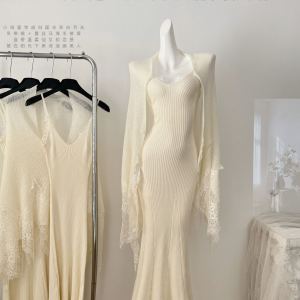 Youni Chinese Style Lace Splicing Mohair Shoulder Shawl Strap Dress Set New Ethnic White Moonlight Homecoming Dress