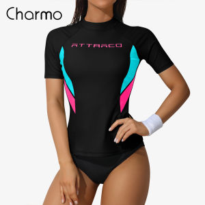 Charmo Women Short Sleeve Rash Guard Shirts Swimwear Rash Guard Top Surf Top Close-fitting Shirt UPF 50+